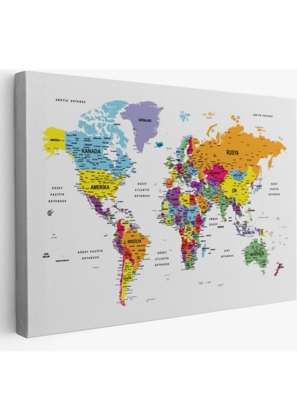 Detaylı ve Eğitici Türkçe Dünya Haritası, Harita Dekoratif Kanvas Tablo, Duvar Dekoru 1611