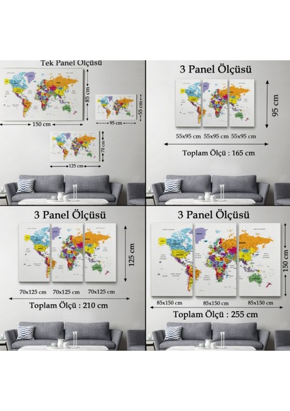 Detaylı ve Eğitici Türkçe Dünya Haritası, Harita Dekoratif Kanvas Tablo, Duvar Dekoru 1611 fırsatları