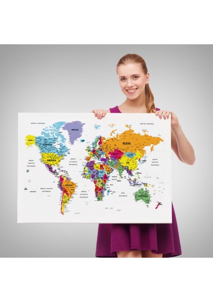 Detaylı ve Eğitici Türkçe Dünya Haritası, Harita Dekoratif Kanvas Tablo, Duvar Dekoru 1611