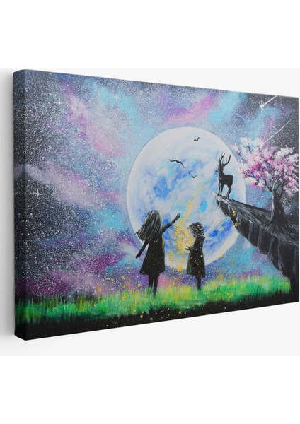 Ay'ı Izleyen Çocuklar Dekoratif Kanvas Tablo, Duvar Dekoru 3470