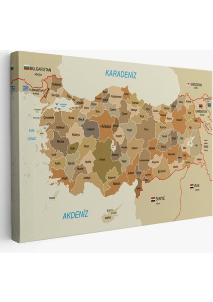 Eğitici Sınır Komşulu Türkiye Haritası, Harita Dekoratif Kanvas Tablo, Duvar Dekoru 3104
