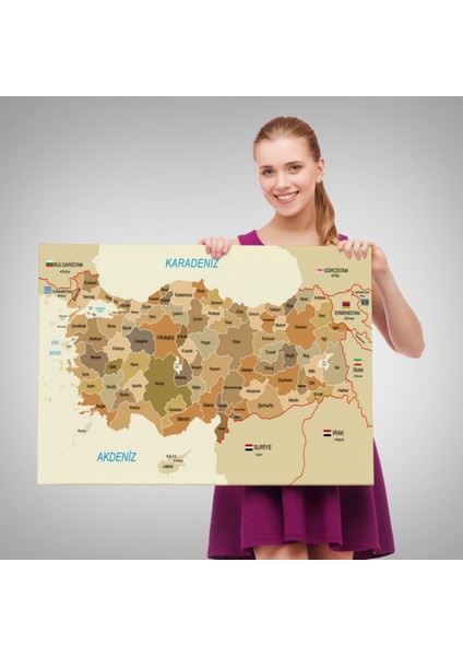Eğitici Sınır Komşulu Türkiye Haritası, Harita Dekoratif Kanvas Tablo, Duvar Dekoru 3104