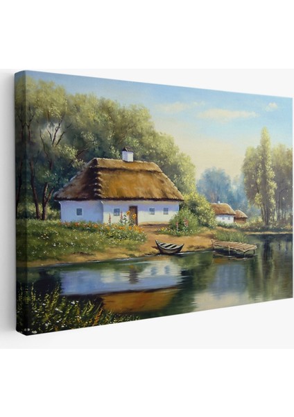 Yağlıboya Görünüm Köy Evi ve Göl Manzarası Dekoratif Kanvas Tablo, Duvar Dekoru 3510