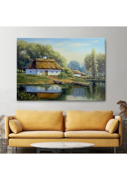 Yağlıboya Görünüm Köy Evi ve Göl Manzarası Dekoratif Kanvas Tablo, Duvar Dekoru 3510 fiyatları