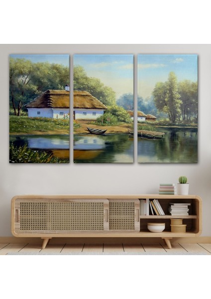 Yağlıboya Görünüm Köy Evi ve Göl Manzarası Dekoratif Kanvas Tablo, Duvar Dekoru 3510 modelleri