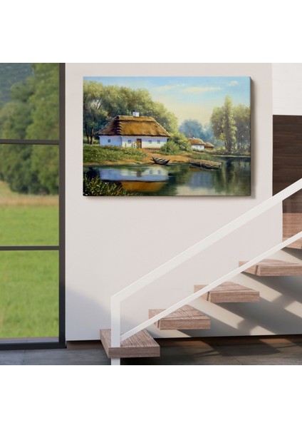 Yağlıboya Görünüm Köy Evi ve Göl Manzarası Dekoratif Kanvas Tablo, Duvar Dekoru 3510 indirimleri