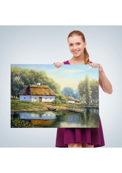 Yağlıboya Görünüm Köy Evi ve Göl Manzarası Dekoratif Kanvas Tablo, Duvar Dekoru 3510