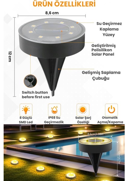 8 Led’li Solar Bahçe Lambası | 1 Adet | Su Geçirmez | Otomatik Sensörlü | Bahçe Aydınlatma | Sarı Işık