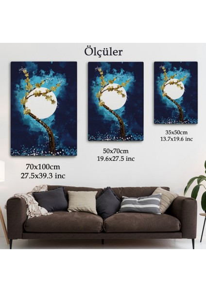 Ay ve Altın Çiçekli Ağaç Soyut Çağdaş Sanat Dekoratif Kanvas Tablo, Duvar Dekoru 4971 fırsatları