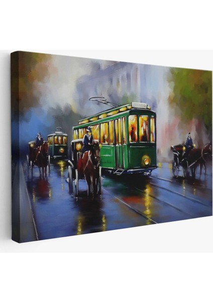 Yağlıboya Görünüm Retro Eski Tramvay Dekoratif Kanvas Tablo, Duvar Dekoru 3574