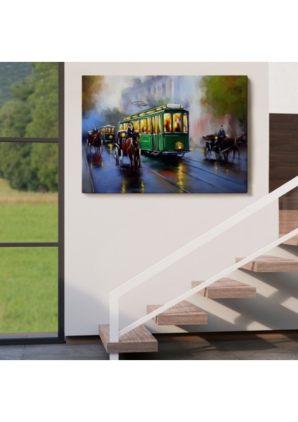 Yağlıboya Görünüm Retro Eski Tramvay Dekoratif Kanvas Tablo, Duvar Dekoru 3574 indirimleri