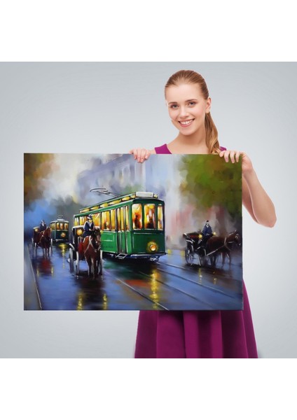 Yağlıboya Görünüm Retro Eski Tramvay Dekoratif Kanvas Tablo, Duvar Dekoru 3574