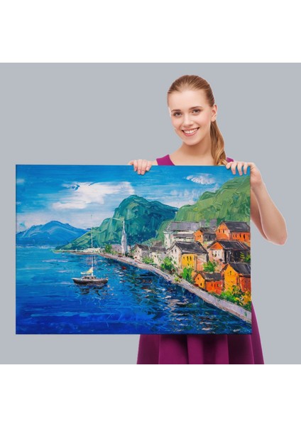 Yağlıboya Görünüm Hallstatt Avusturya Dekoratif Kanvas Tablo, Duvar Dekoru 3742