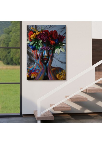 Renkli Çiçek Taçlı Kız Dekoratif Kanvas Tablo, Duvar Dekoru 2992 indirimleri