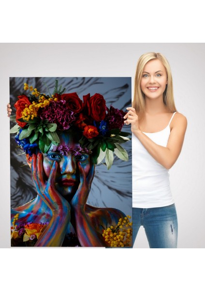 Renkli Çiçek Taçlı Kız Dekoratif Kanvas Tablo, Duvar Dekoru 2992