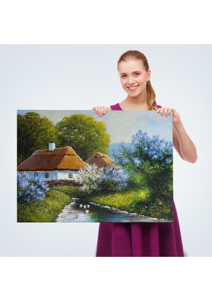 Köy Evi ve Akarsu Dekoratif Kanvas Tablo, Duvar Dekoru 3637