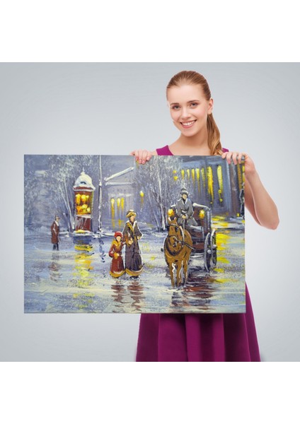 Yağlıboya Görünüm At Arabası ve Eski Şehir Dekoratif Kanvas Tablo, Duvar Dekoru 3573