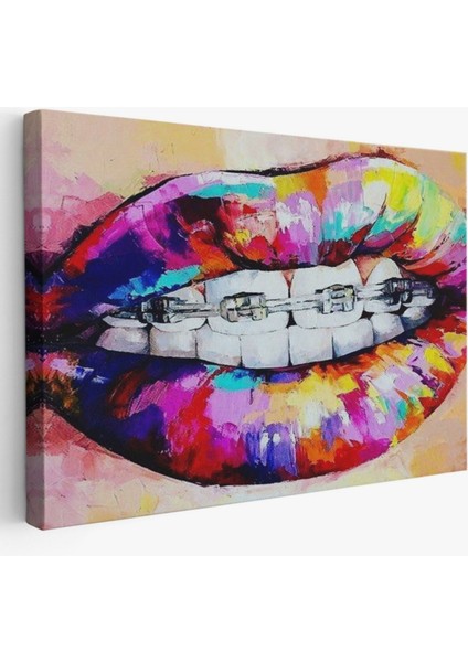 Grafiti Popart Diş Teli ve Renkli Dudaklar Dekoratif Kanvas Tablo, Duvar Dekoru 6651