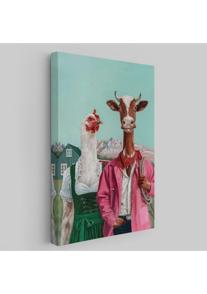 Inek ile Tavuk Komik Çiftlik Dekoratif Kanvas Tablo, Duvar Dekoru 6349