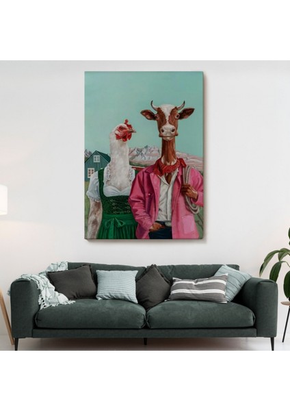 Inek ile Tavuk Komik Çiftlik Dekoratif Kanvas Tablo, Duvar Dekoru 6349 modelleri