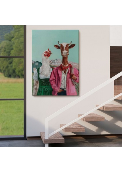 Inek ile Tavuk Komik Çiftlik Dekoratif Kanvas Tablo, Duvar Dekoru 6349 indirimleri