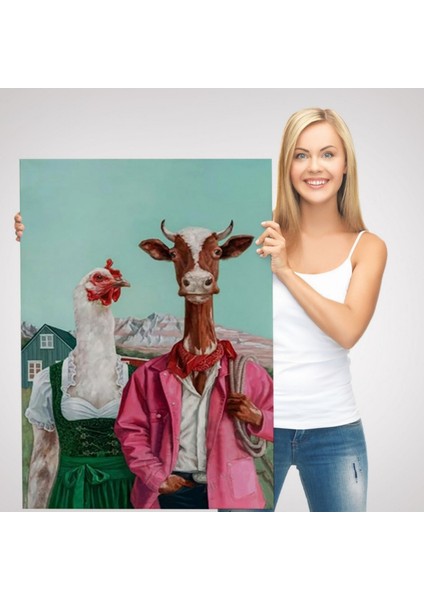 Inek ile Tavuk Komik Çiftlik Dekoratif Kanvas Tablo, Duvar Dekoru 6349
