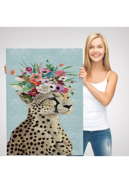 Sosyetik Çita Çiçek Taç ile Dekoratif Kanvas Tablo, Duvar Dekoru 6213