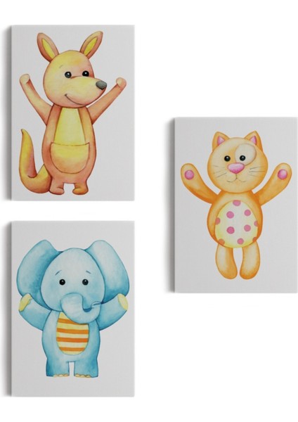 Şirin Hayvanlar Temalı 3'lü Set Dekoratif Kanvas Tablo, Duvar Dekoru CA51