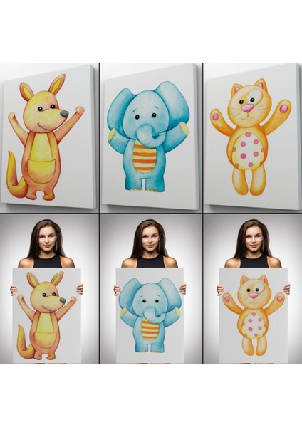 Şirin Hayvanlar Temalı 3'lü Set Dekoratif Kanvas Tablo, Duvar Dekoru CA51 indirimleri