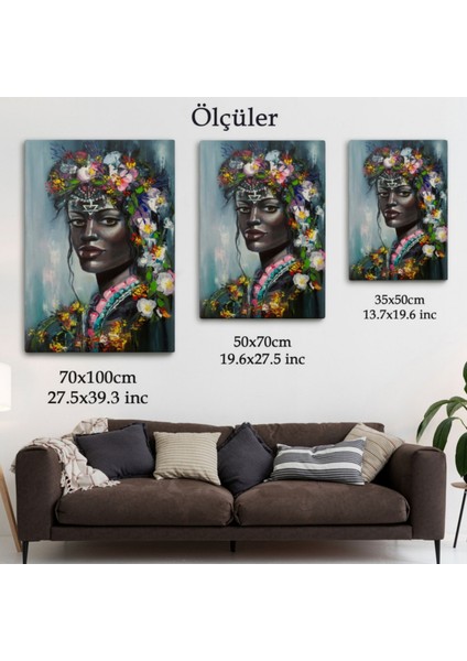 Çiçek Taçlı Afrikalı Siyahi Kadın Dekoratif Kanvas Tablo, Duvar Dekoru 5979 fırsatları