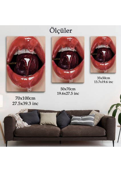Cesur Dudaklar ile Ağzında Kiraz Dekoratif Kanvas Tablo, Duvar Dekoru 6155 fırsatları