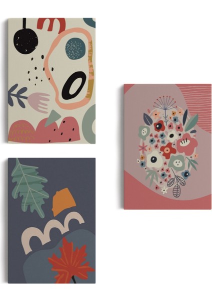 Renkli Çiçekler, Modern, 3'lü Set Dekoratif Kanvas Tablo, Duvar Dekoru AJ10