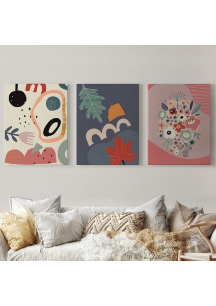 Renkli Çiçekler, Modern, 3'lü Set Dekoratif Kanvas Tablo, Duvar Dekoru AJ10 fiyatları