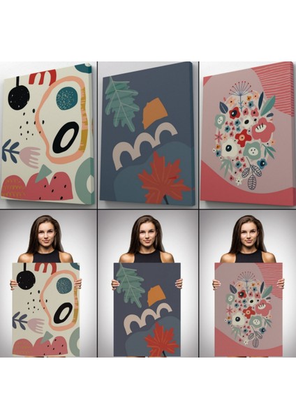 Renkli Çiçekler, Modern, 3'lü Set Dekoratif Kanvas Tablo, Duvar Dekoru AJ10 indirimleri