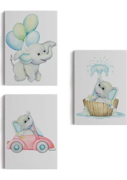 Sevimli Küçük Fil Temalı 3'lü Set Dekoratif Kanvas Tablo, Duvar Dekoru BK36