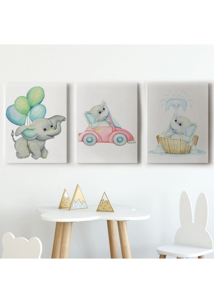 Sevimli Küçük Fil Temalı 3'lü Set Dekoratif Kanvas Tablo, Duvar Dekoru BK36 fiyatları