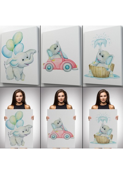 Sevimli Küçük Fil Temalı 3'lü Set Dekoratif Kanvas Tablo, Duvar Dekoru BK36 indirimleri