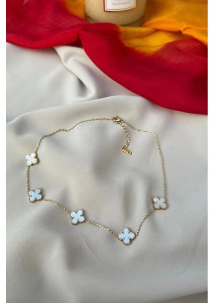 Altın Renk Beş Parçalı Beyaz Sedef Van Cleef Bijuteri Kolye