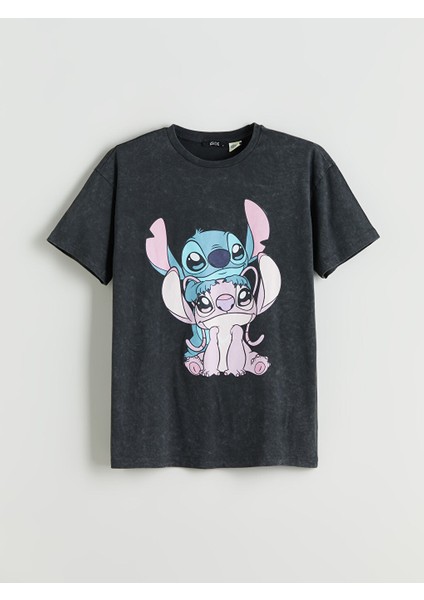 Yeni Sezon Bisiklet Yaka Lilo & Stitch Baskili Kadin Tisort - S5R557Z8