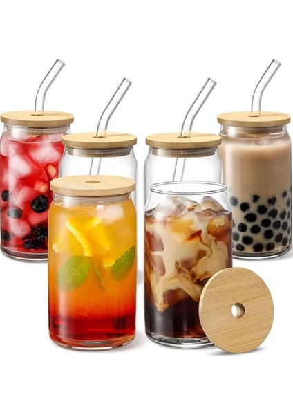 Iki Adet Isıya Dayanıklı Bambu Kapaklı Bardak, Cam Pipet