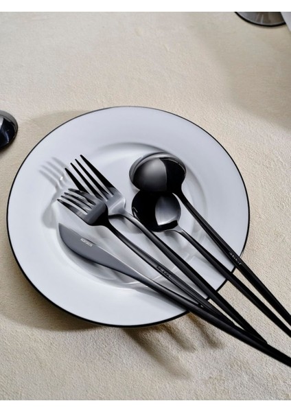 Şık Siyah 30 Parça 6 Kişilik Çatal Kaşık Bıçak Takımı