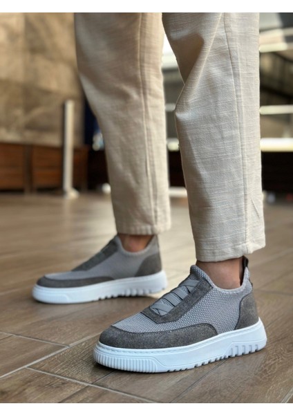 BA0911 Özel Örme Triko Deri Tozu Detaylı Gri Günlük Spor Ayakkabı