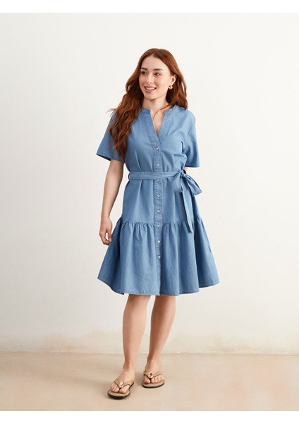 Yeni Sezon Kacik Yaka Kusakli Mini Jean Elbise - S5LR76Z8