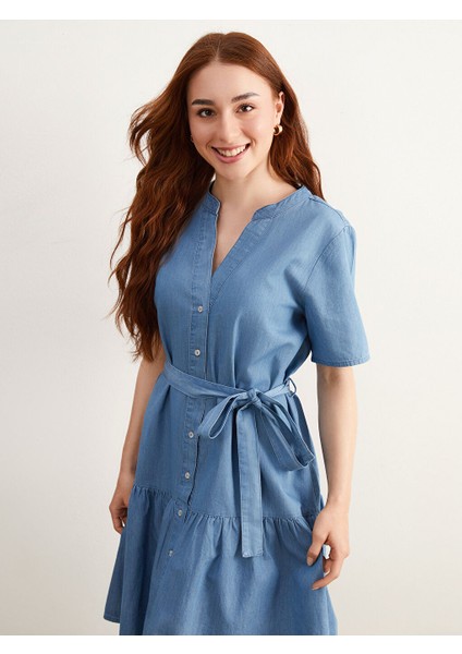 Yeni Sezon Kacik Yaka Kusakli Mini Jean Elbise - S5LR76Z8 modelleri