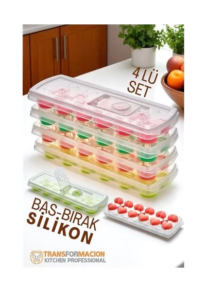 Buz Kalıbı - Bas-Bırak Kapaklı Silikon Buz Kalıbı 4 Lü Set
