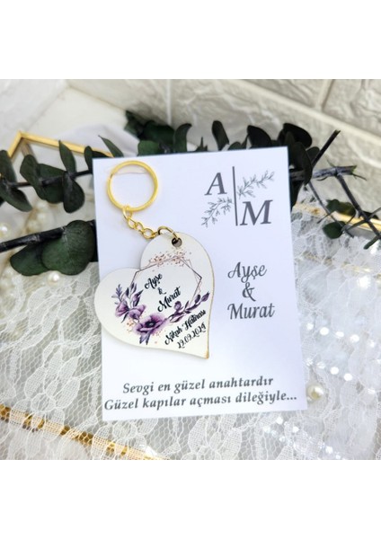 20 Adet Nikah Şekeri Çiçek Süslemeli Ahşap Kalp Anahtarlık Uv Baskılı Kart Üzeri Söz Nişan Nikah Hediyelik