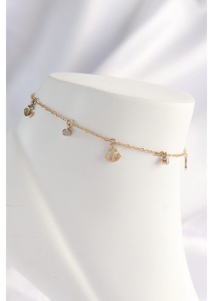 Bfs 316L Çelik Gold Renk Zirkon Taşlı Minimal Çapa Tasarımlı Halhal