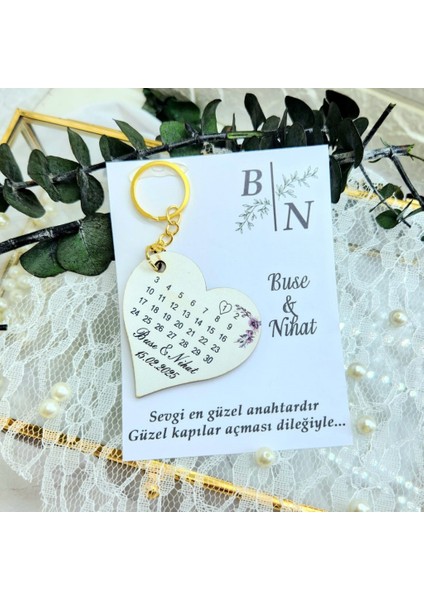 20 Adet Ahşap Kalp Anahtarlık Uv Baskılı Kart Üzeri Söz Nişan Nikah Hediyelik Nikah Şekeri
