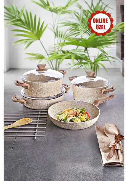 7 Parça Granit Tencere Seti - Kahverengi, Dayanıklı ve Şık Mutfak Gereçleri