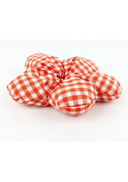 El Yapımı Turuncu Beyaz Pötikareli Pofuduk Scrunchie Toka - Klasik ve Hacimli indirimleri